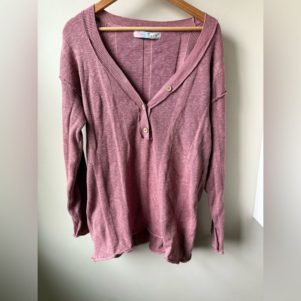 FREE PEOPLE BEACH Venice Henley Sweater Petals Oversized Cotton Linen Striped L